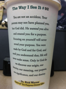 The Purpose-Driven Life on Starbucks cups